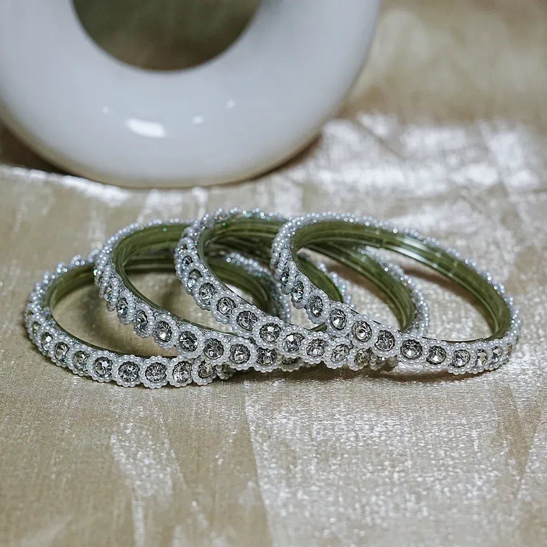 Traditional Designer Glass Kada Bangles | Kundan Pearl Studded (Pack of 4) - The Golden Cascade